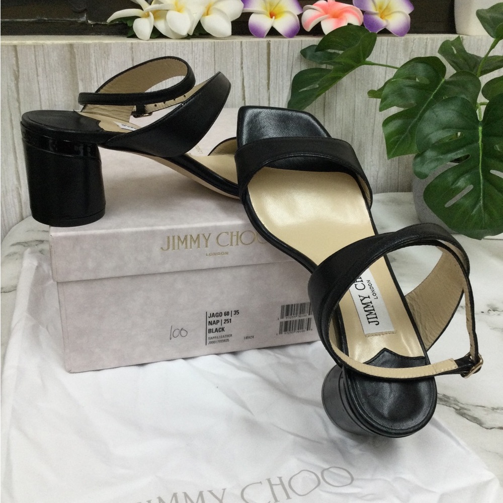 NIB Jimmy Choo Black Leather Mid-Heel Sandals